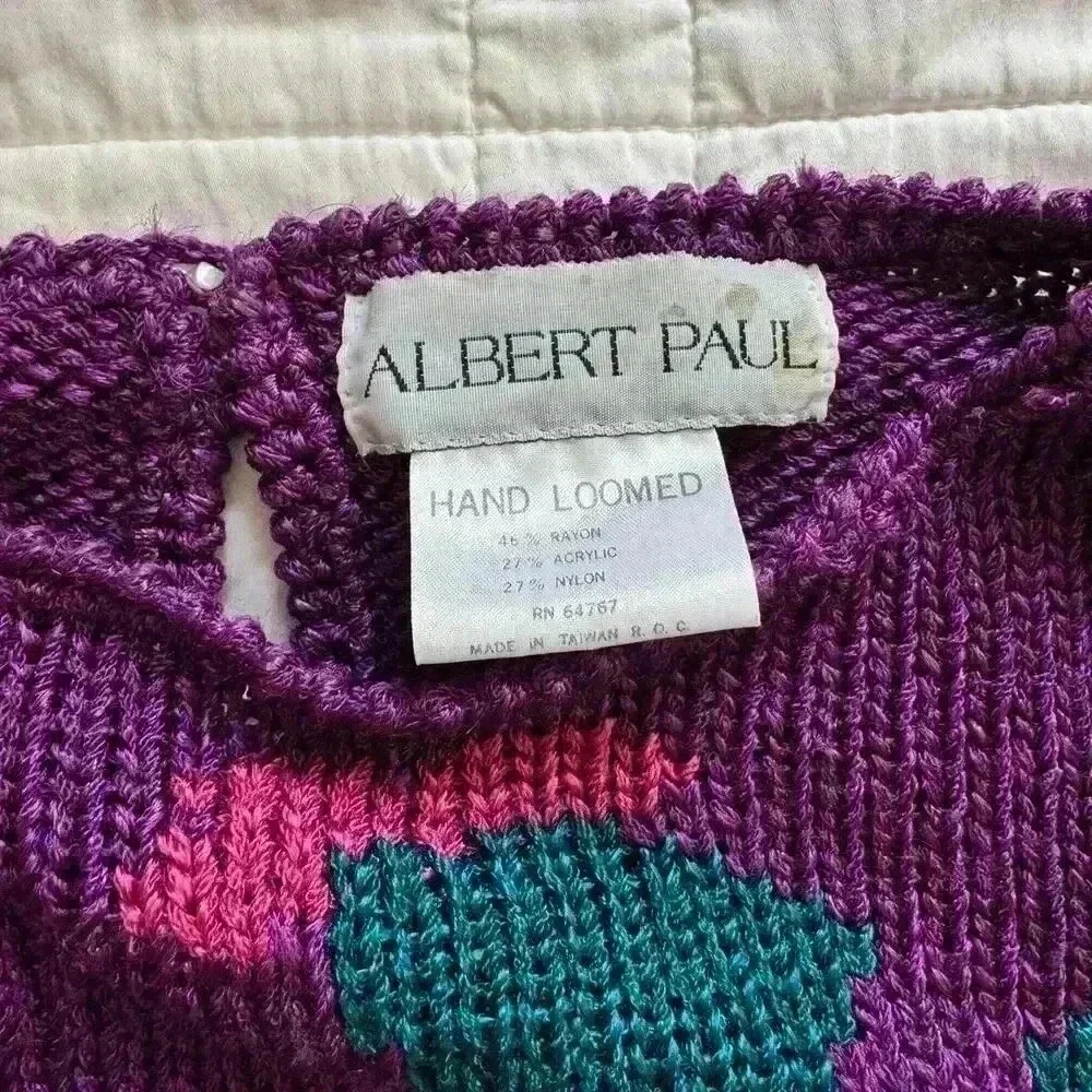 Vintage Albert Paul floral knit sweater women’s large plum purple artsy‎ boho